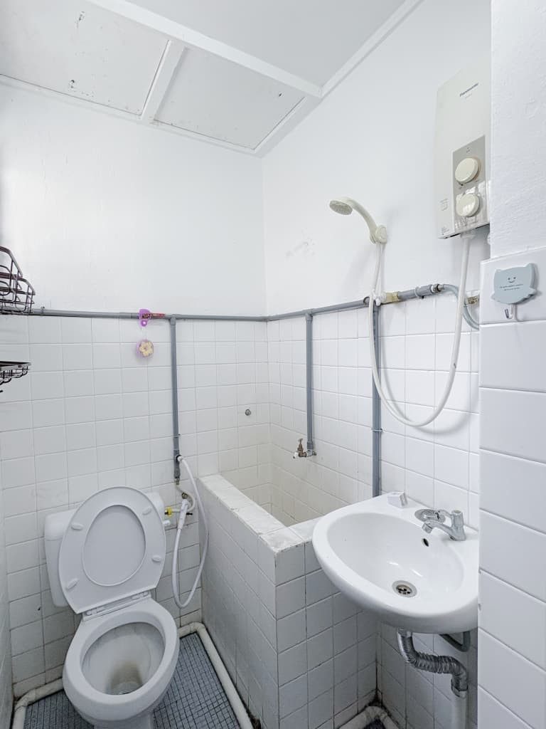 Shared bathroom with toilet, basin, shower heater, and tiled wash area